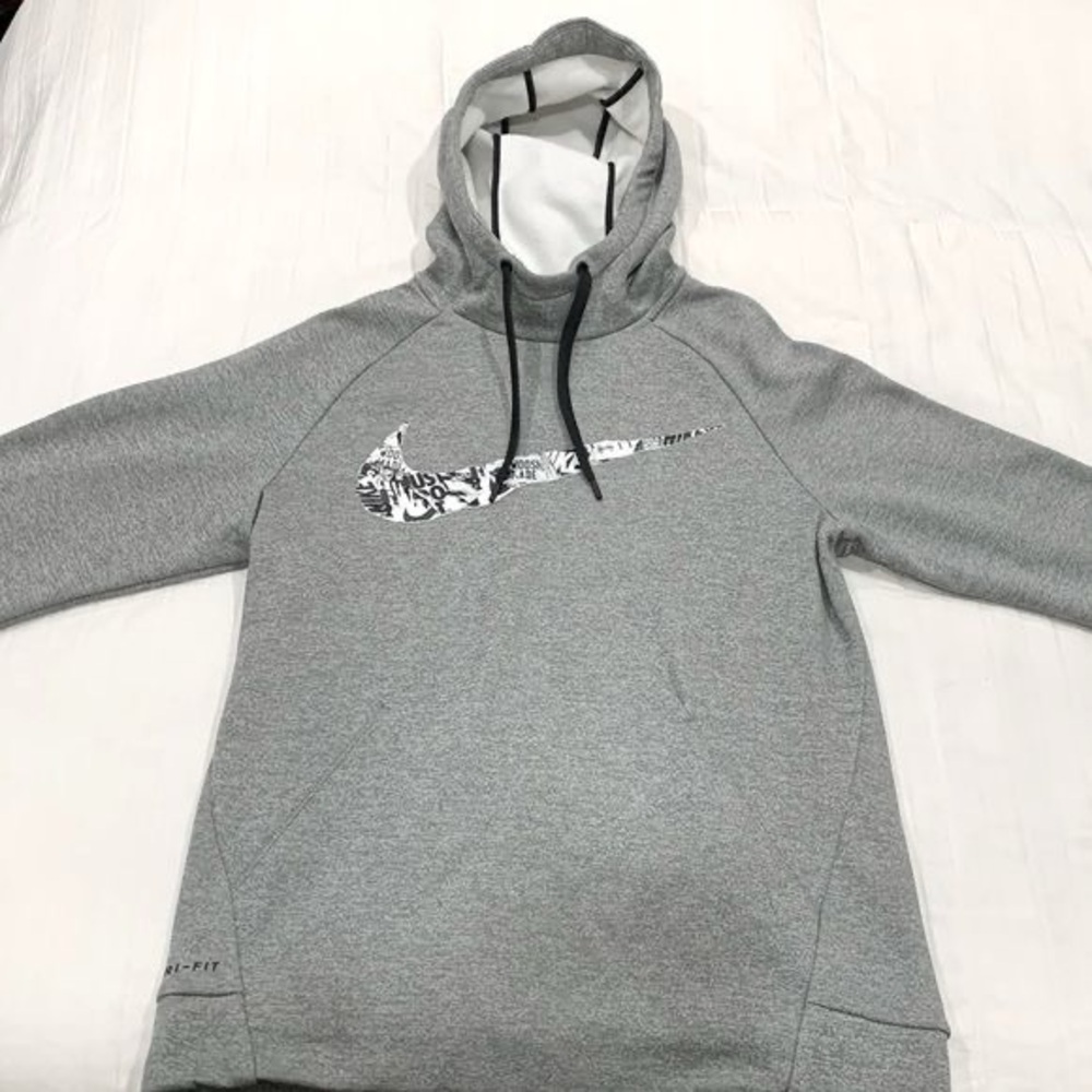 Nike Dri Fit Therma Fleece Running Turtleneck Big Swoosh Grey Pullover Hoodie XL - Picture 2 of 14